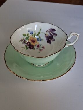 PARAGON Mint Green Floral Bone China Teacup and Saucer with Gold Trim